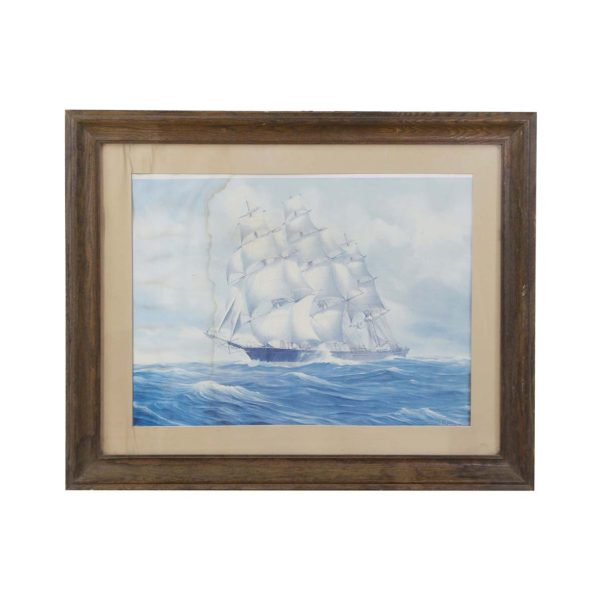 Paintings - Antique Hans Skalagard Wood Frame Sailboat Print