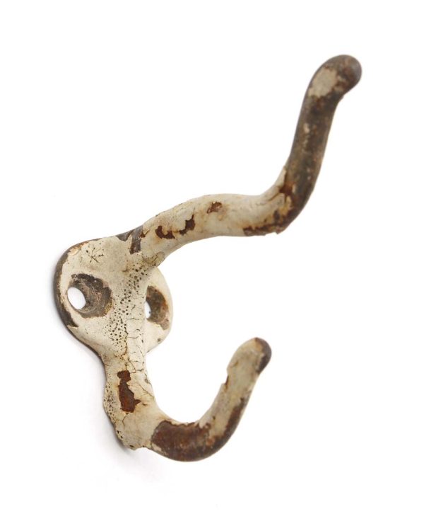 Single Hooks - Antique Chippy White Cast Iron Double Arm Wall Hook