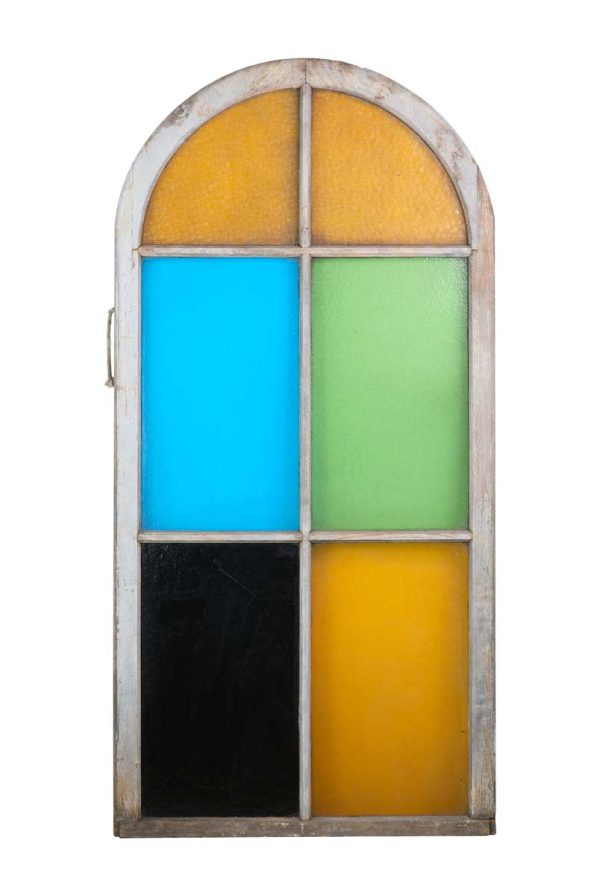 Stained Glass - Antique 5 ft Roman Arch Pine Frame Stained Glass Window