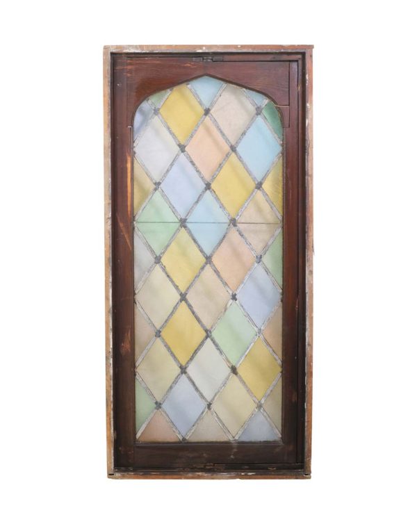 Stained Glass - Antique Gothic Arch Leaded Stained Glass Pine Frame Window