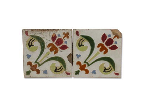 Wall Tiles - Set of 6 Vintage Floral 4.25 in. Ceramic Wall Tiles