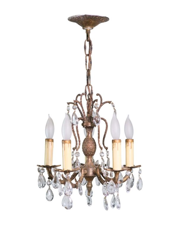 Chandeliers - Antique Petite French 5 Arm Bronze & Crystal Floral Chandelier