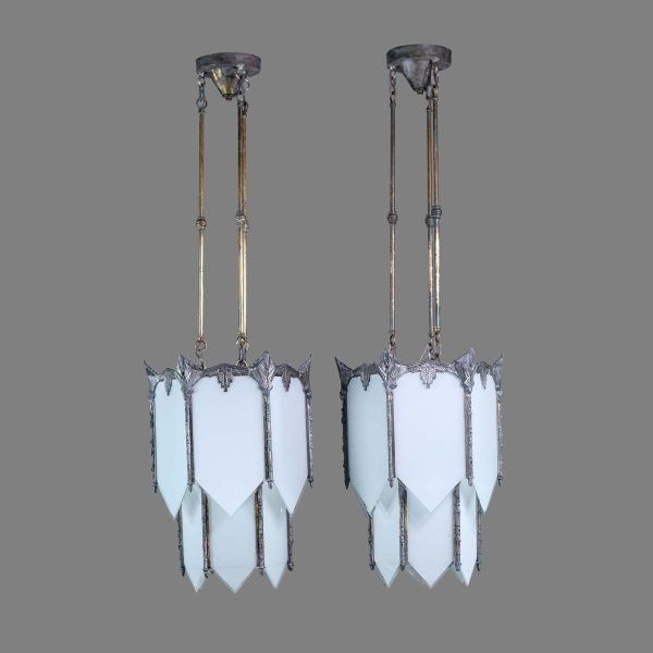 Down Lights - Pair of Art Deco White Slag Glass & Nickel Frame Pendant Lights