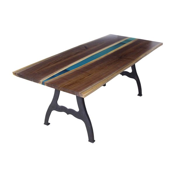 Farm Tables - Handmade 7 ft Live Edge Walnut River Resin Cast Iron NY Legs Dining Table