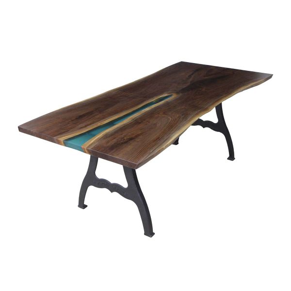 Farm Tables - Handmade 7 ft River Resin Live Edge Walnut Cast Iron NY Legs Dining Table