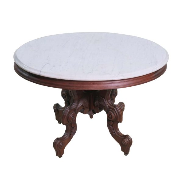 Living Room - Antique White Marble Top Mahogany Table with Casters