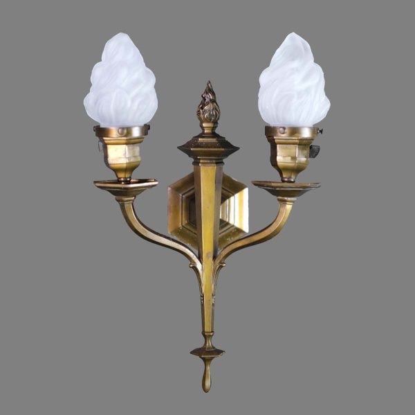 Sconces & Wall Lighting - French Empire Flame Motif Brass 2 Arm Wall Sconces with Glass Flame Shades
