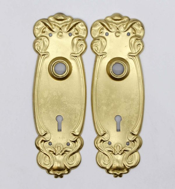 Back Plates - Pair of 7.25 in. Art Nouveau Gold Painted Steel Door Back Plates