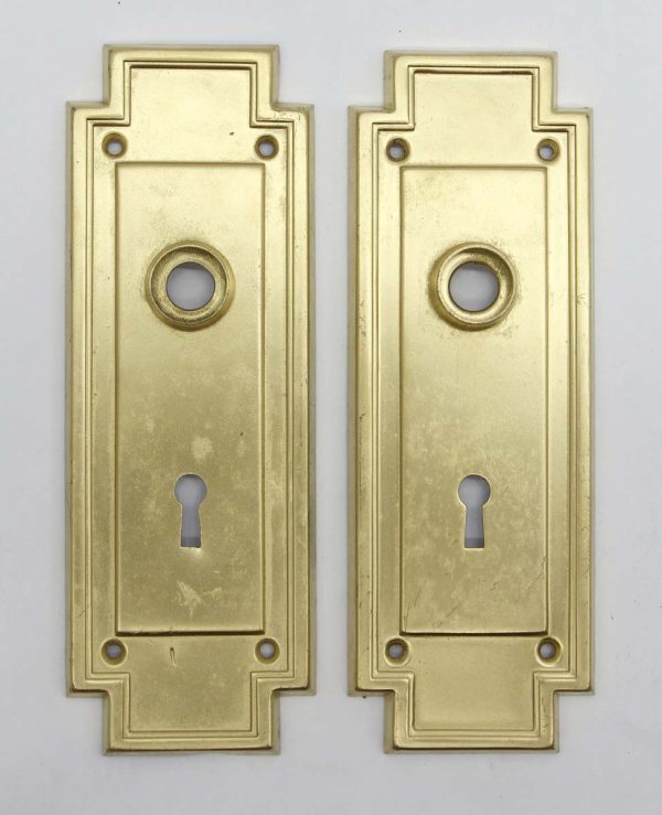 Back Plates - Pair of 7.5 in. Art Deco Gold Painted Steel Vintage Door Back Plates