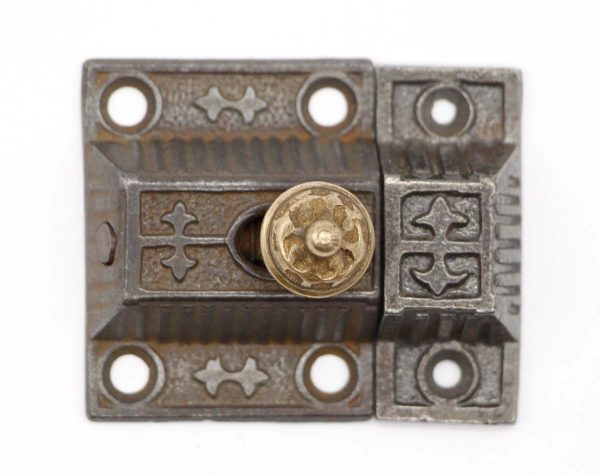 Cabinet & Furniture Latches - Antique Cast Iron Ornate Cabinet Lock with Bronze Knob