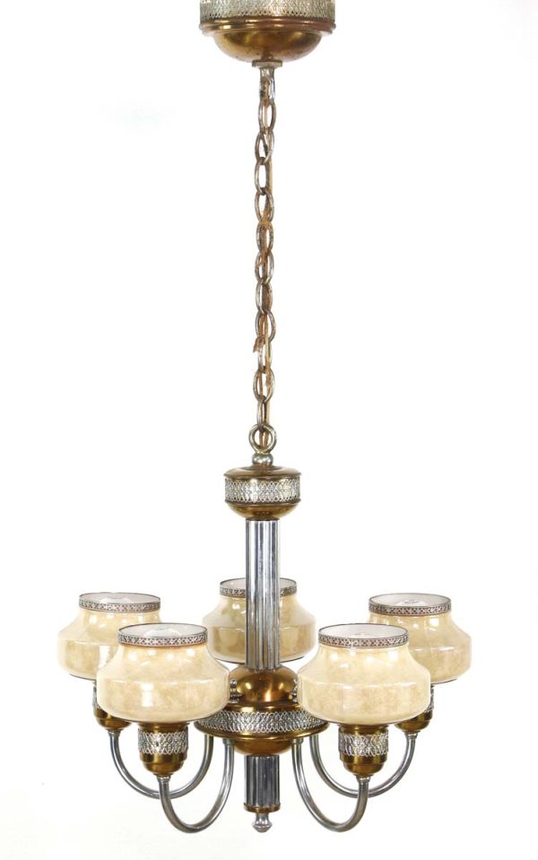 Chandeliers - Copper & Nickel Art Deco 5 Arm Custard Glass Slip Shade Chandelier