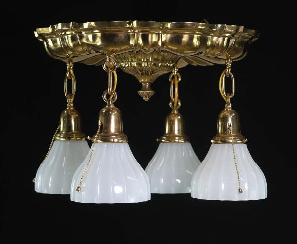 Down Lights - 1910s Sheffield Brass & Milk Glass Shades Pan Down Pendant Light