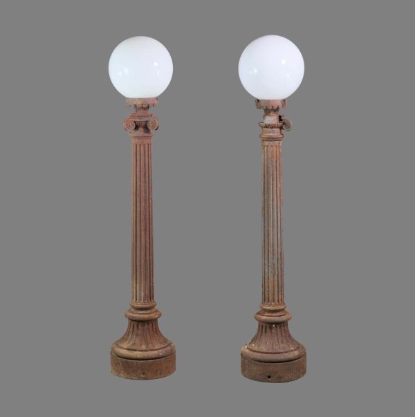 Exterior Lighting - Pair of Cast Iron Column Exterior Lamp Post Lights with Milk Glass Globes