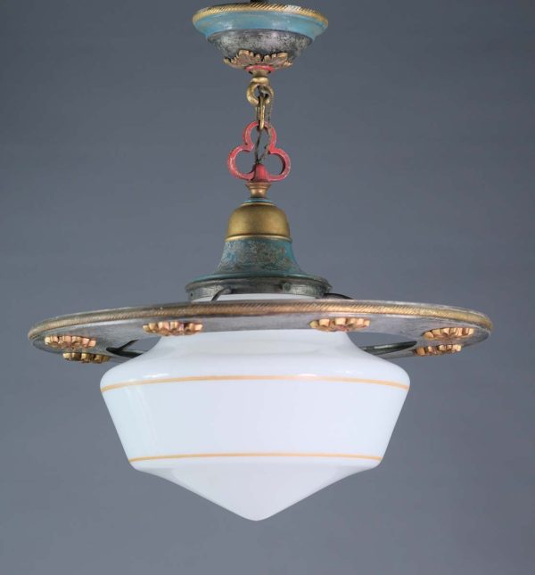 Globes - Antique Victorian Tan Banded Milk Glass Pendant Light