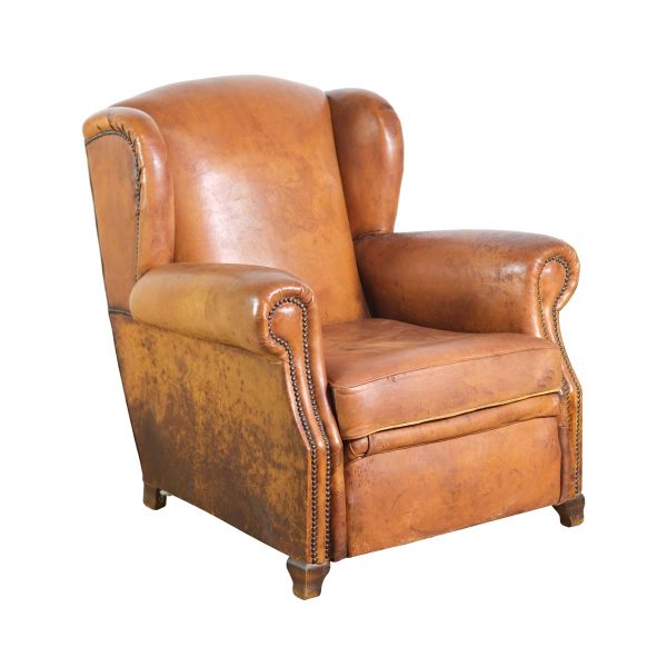 Living Room - European French Brown Leather Bergere Club Chair