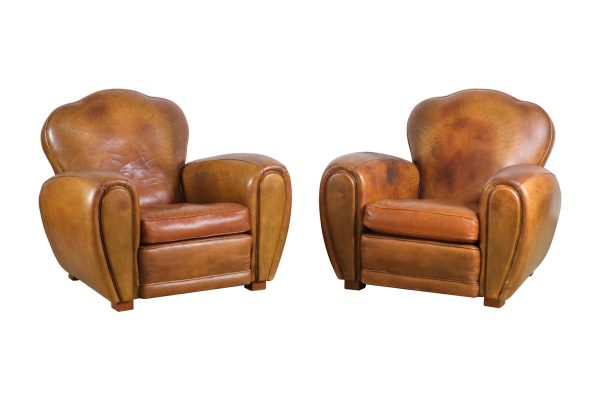 Living Room - European Pair of Large Leather Club Chairs with Clover Backs