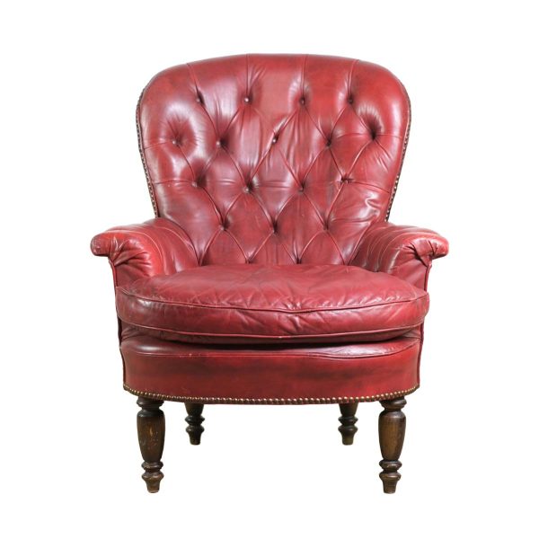 Living Room - European Red Tufted Leather Chair with Turned Wooden Legs