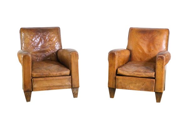 Living Room - European Vintage Pair of Brown Leather Club Chairs