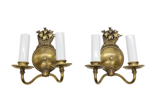 Sconces & Wall Lighting - Pair of 1940s Bronze Ship Motif 2 Arm Wall Sconces