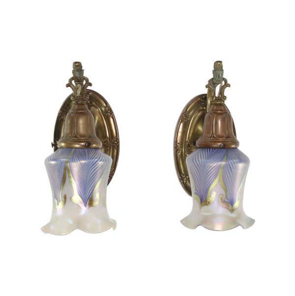 Sconces & Wall Lighting - Pair of Tulip Brass Pulled Feather Art Glass Shades Wall Sconces