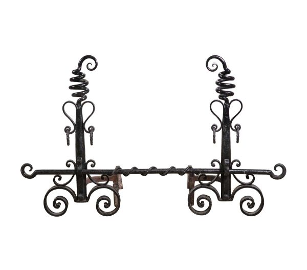Andirons - Antique Victorian Wrought Iron Andirons with Bar