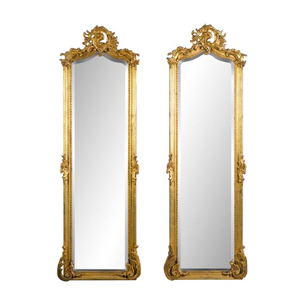 Antique Mirrors - Pair of Italian Gold Gilded Pine & Plaster Rococo Beveled Wall Mirrors