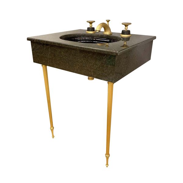 Bathroom - Sheryl Wagner Black Marble Console Sink with Gold Gilded Hardware