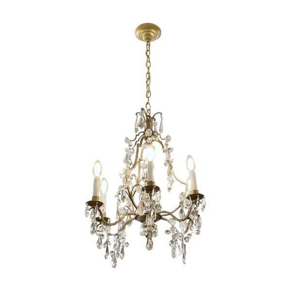 Chandeliers - Vintage 6 Arm French Louis XV Bronze & Crystal Chandelier
