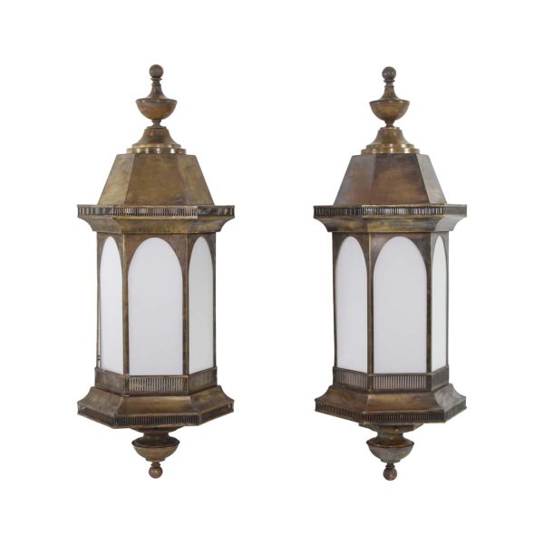 Exterior Lighting - Pair of Antique Traditional Red Brass & Milk Glass Exterior Wall Lanterns