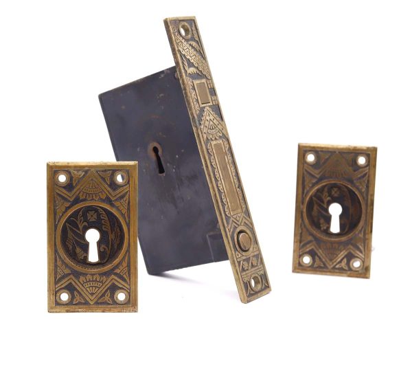 Pocket Door Hardware - Antique Eastlake Brass Pocket Door Pull & Mortise Lock Set