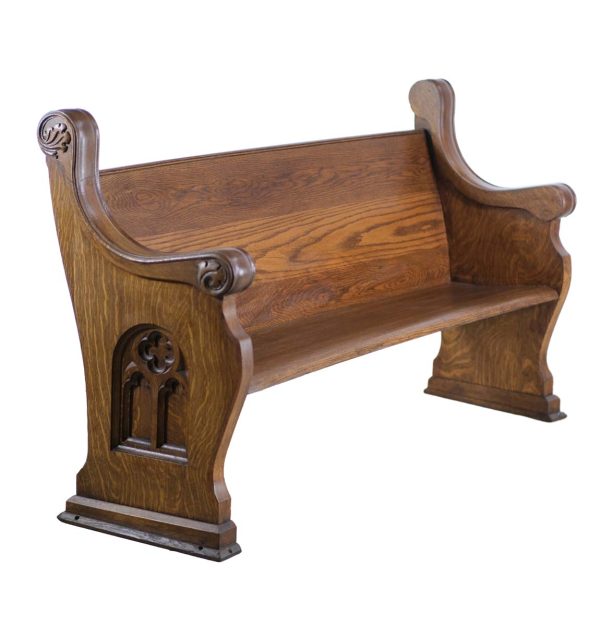 Religious Antiques - Oak Church Pew with Gothic & Foliate Carved Elements