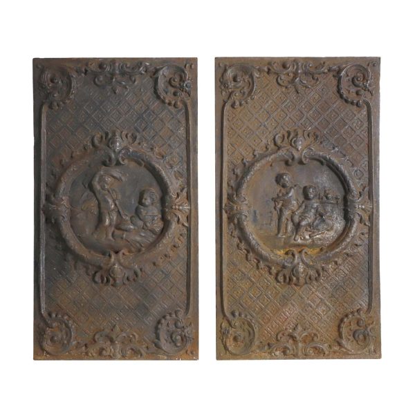 Screens & Covers - Pair of Victorian Cast Iron Cherubic Fireplace Insert Panels