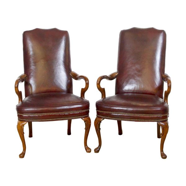 Seating - Pair of Studded Burgundy Leather Wood Arm Chairs