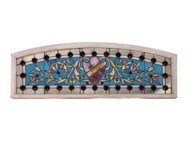 Stained Glass - Antique 5 ft Arched 29 Jewels Stained Glass Transom Window