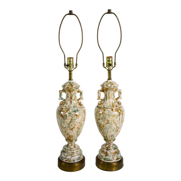 Table Lamps - Pair of Traditional Urn Shaped Neutral Marble Effect Ceramic Table Lamps