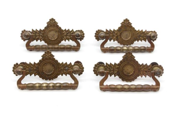 Cabinet & Furniture Pulls - Set of 4 Antique Stamped Brass Foliate Bail Drawer Pulls