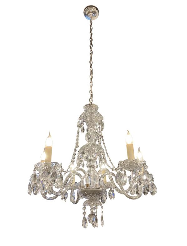 Chandeliers - Restored 1940s Polished Chrome 6 Arm Clear Crystal Chandelier