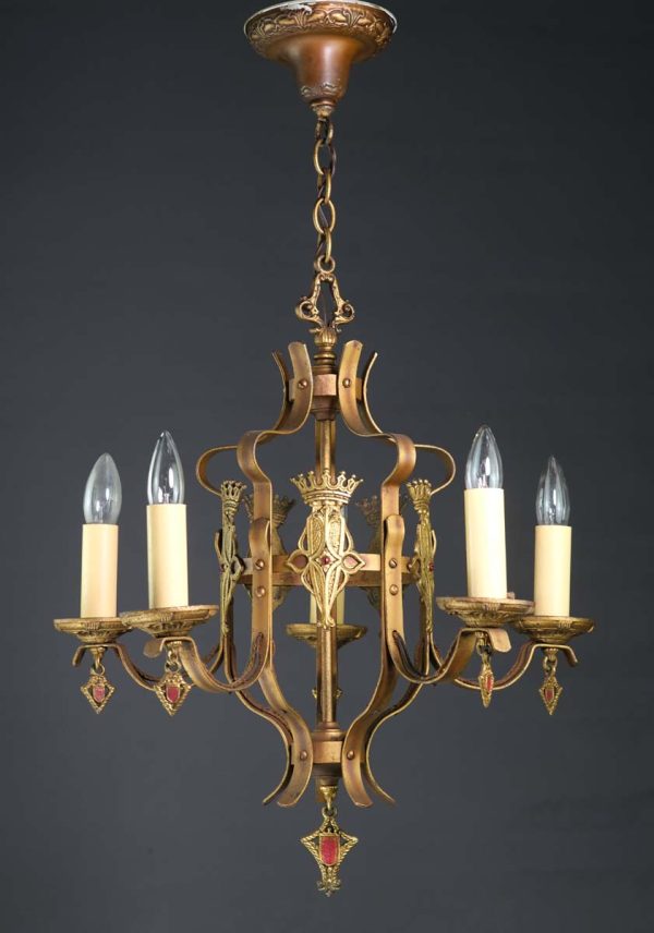 Chandeliers - Spanish Revival 5 Arm Gold Painted Candlestick Chandelier