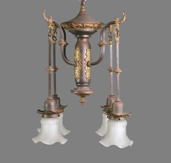 Chandeliers - Vintage Chinese Influenced 4 Down Arm Bronze Chandelier