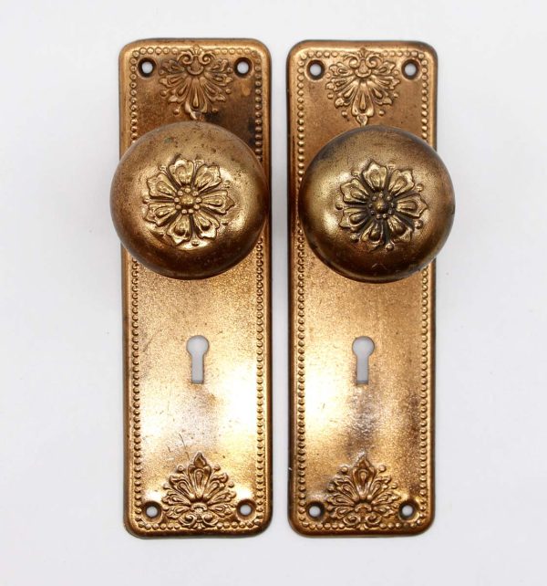 Door Knob Sets - Antique Radial Floral Coppered Brass Passage Door Knob Set