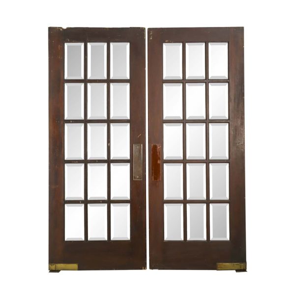 French Doors - Vintage 15 Lite Beveled Glass Pine Swinging French Double Doors 80.25 x 64