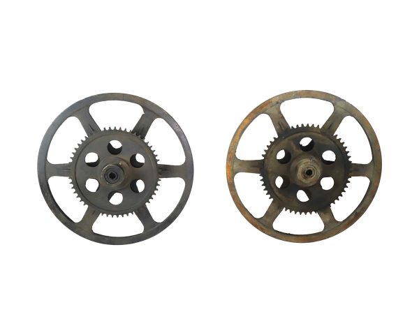 Industrial - Pair of 37 in. Reclaimed Iron & Steel Wheels with Gear Accents