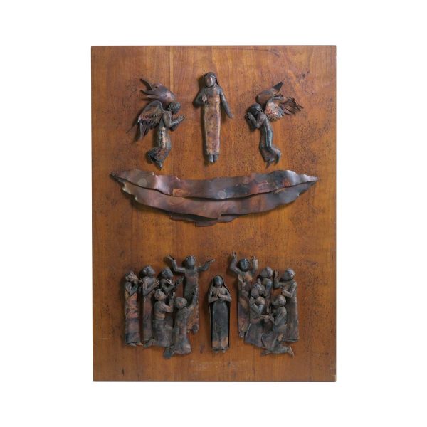 Religious Antiques - The Ascension of Christ Copper Figures on Wood Art Panel