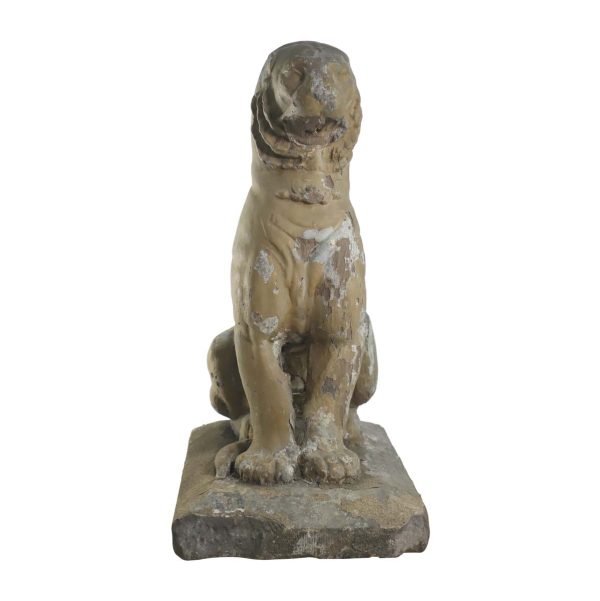 Statues & Fountains - Reclaimed Gold Painted Stone Seated Lion Statue