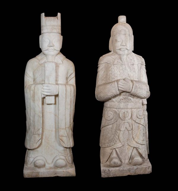 Stone & Terra Cotta - Pair of 5.5 ft Chinese Marble Civil Officer & Military Leader Statues