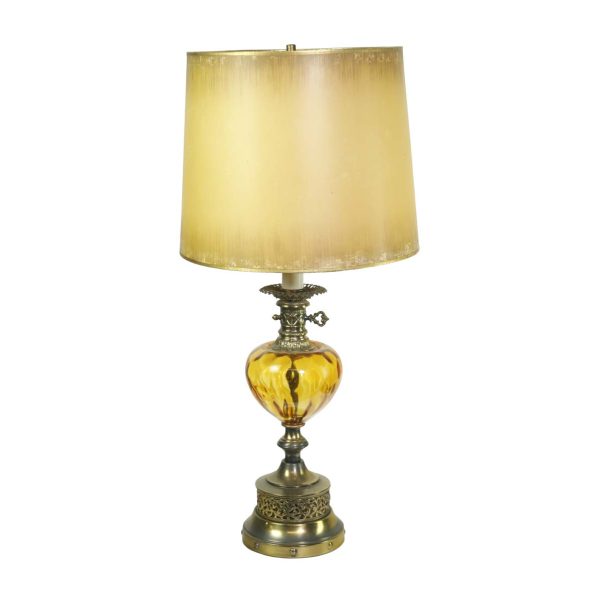 Table Lamps - 1960s Vintage Amber Glass Brass Table Lamp