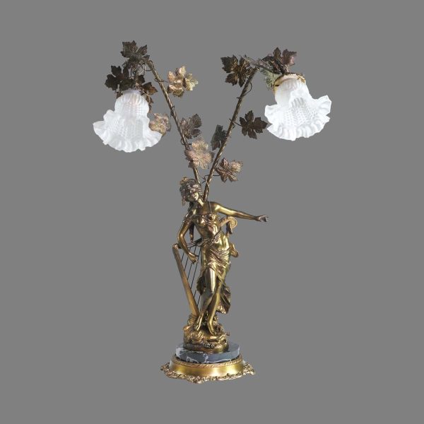 Table Lamps - Antique Brass Marble Frosted Shade Figural Table Lamp