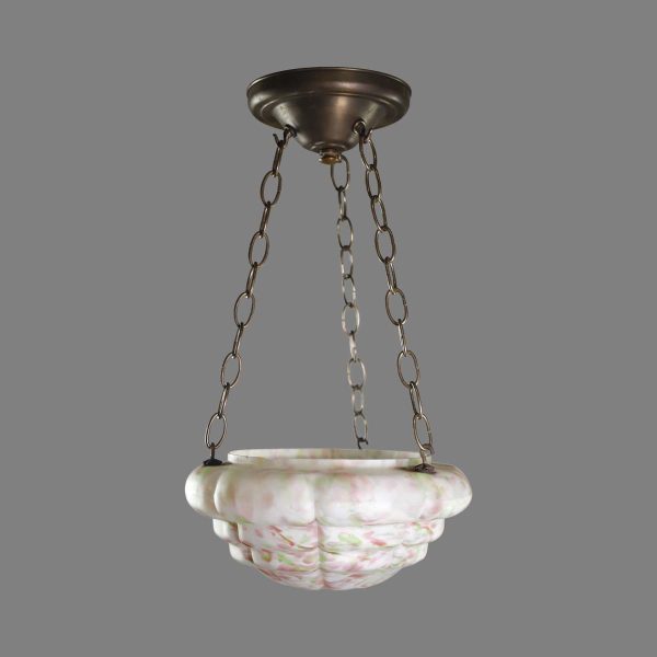 Up Lights - Art Deco Milk Glass Dish & Brass Chain Pendant Light