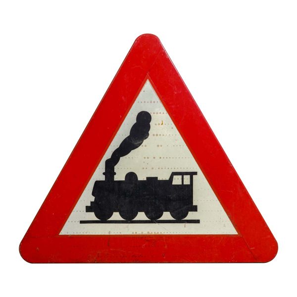 Vintage Signs - European Black White & Red Steel Triangular Railroad Sign