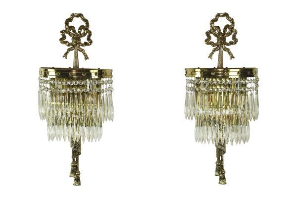 Wall & Ceiling Lanterns - Pair of Polished Brass & Crystal Ribbon & Tassel Motif Wall Sconces